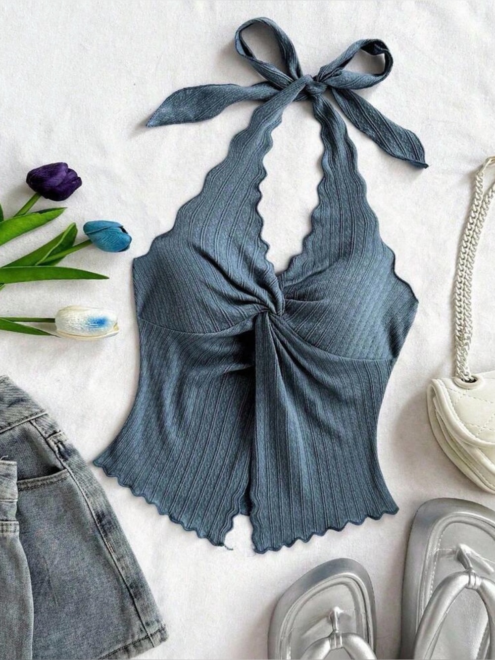 SHEIN blue ribbed halter crop top with tie back detail
